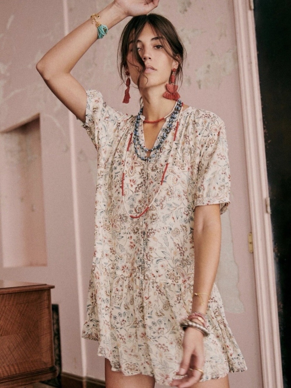 Sezane Lenitta Dress Cream Floral size EU40/US 8
